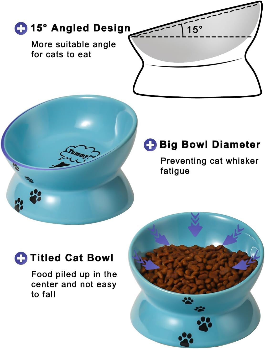 Elevated Cat Food Bowl, Ceramic Raised Cat Bowl, Tilt Angle Protect Cat'S Spine, anti Vomiting Cat Dish, Backflow Prevention, Lake Blue