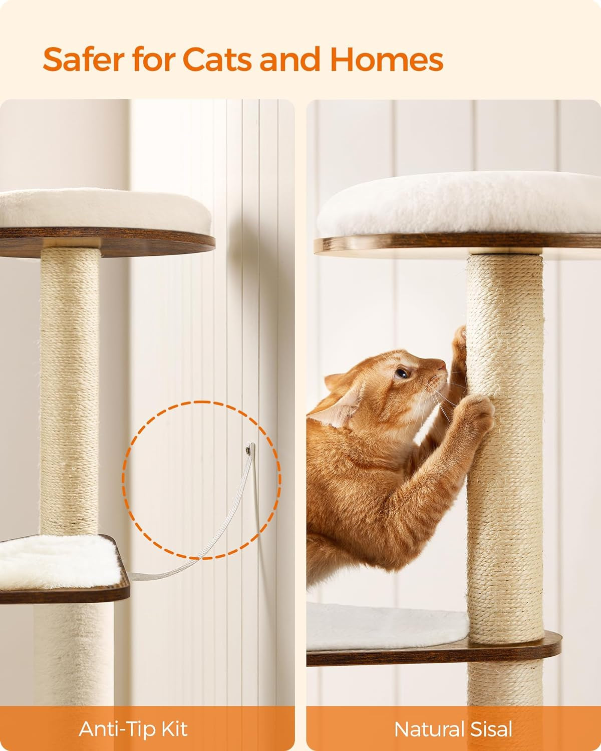 Woodywonders Cat Tree, 65-Inch Modern Cat Tower for Indoor Cats, Multi-Level Cat Condo with 5 Scratching Posts, Perch, Washable Removable Cushions, Cat Furniture, Rustic Brown UPCT166X01